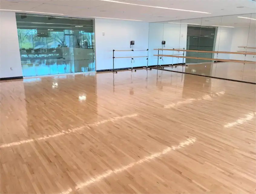 A photo showing at an angle the inside of the dance studio at Robert Crown Community Center showing an empty studio with a polished wood dancefloor, walls lined by ballet barres, and a window overlooking an ice rink in the background.